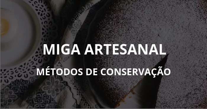 Banner com uma foto de um bolo coberto com açúcar de confeiteiro de fundo e as escritas "Miga artesanal, Métodos de conservação"