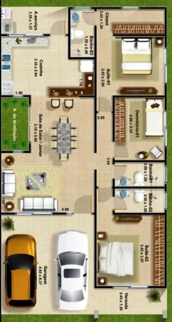 Foto colorida de um projeto arquitetônico de uma casa com dois carros na garagem