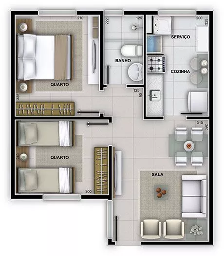 Planta baixa de uma casa contendo um quarto de casa, um quarto infantil, banheiro, area de serviço, cozinha, sala