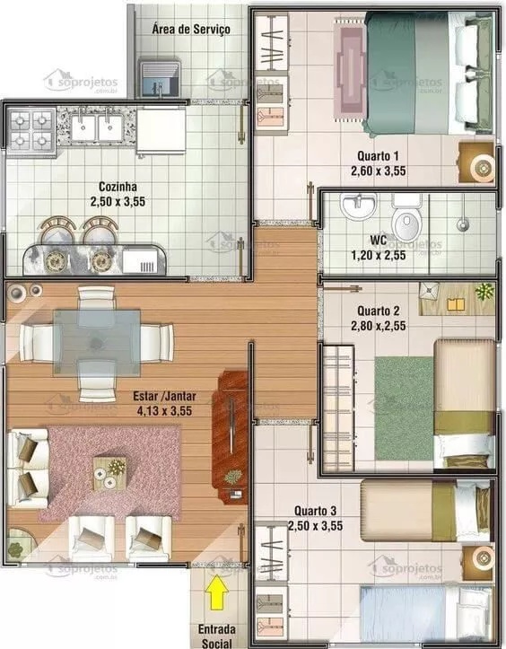 Planta baixa colorida de uma casa com cozinha area de serviço 3 quartos um banheiro e uma sala de estar