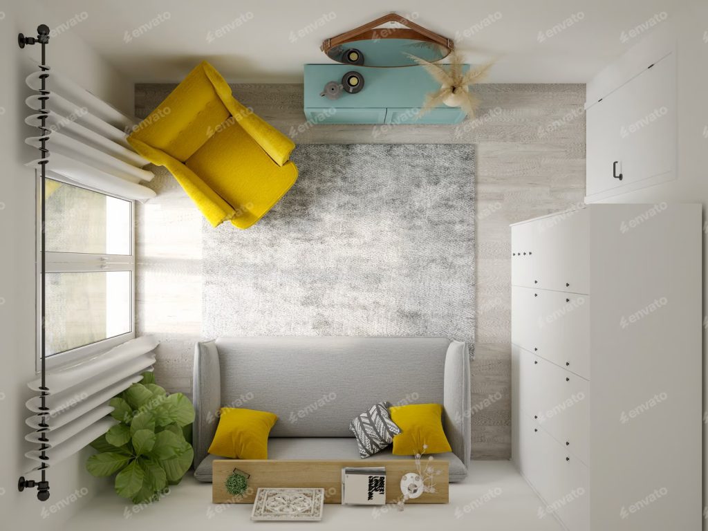 Sala de estar moderna com sofá e cadeira amarela