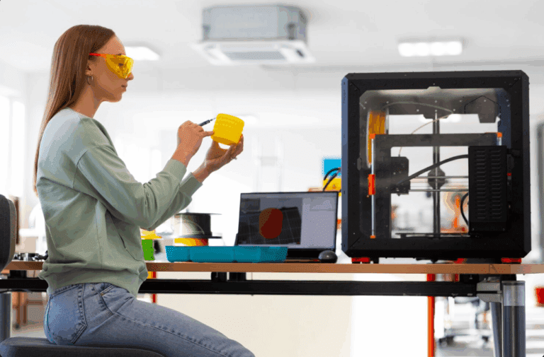 A imagem mostra uma profissional analisando uma peça impressa em 3D ao lado de uma impressora e um modelo digital, ilustrando o uso da Manufatura Aditiva no desenvolvimento de produtos.