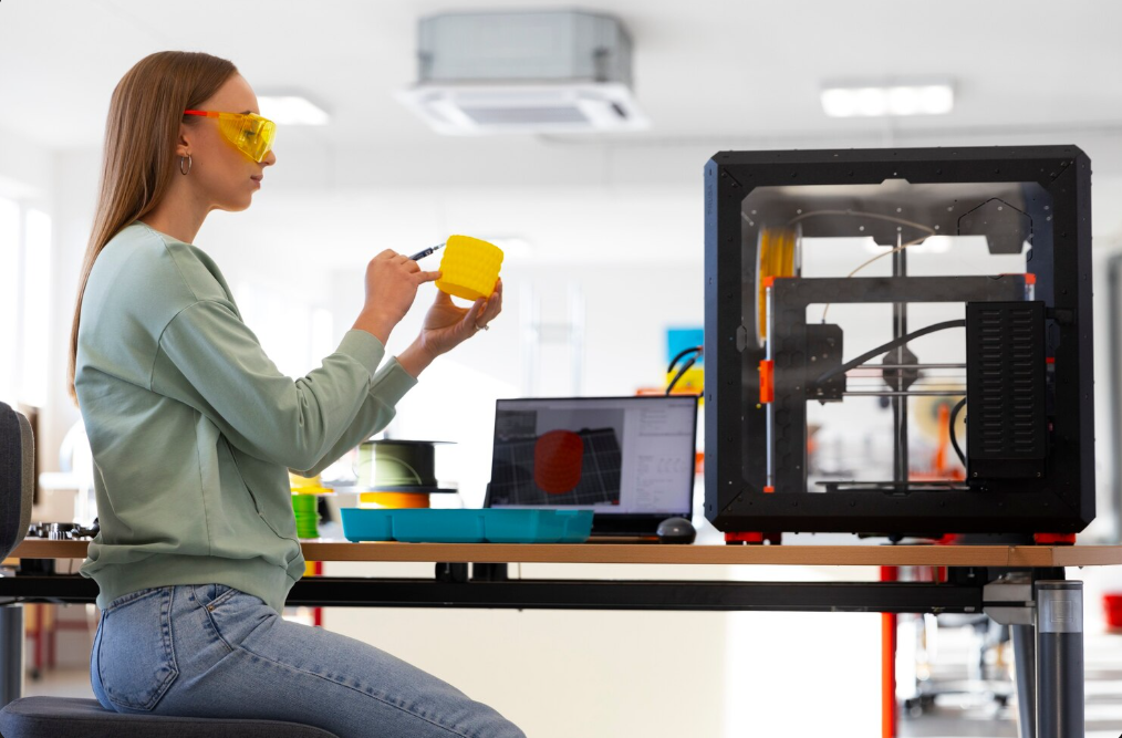 A imagem mostra uma profissional analisando uma peça impressa em 3D ao lado de uma impressora e um modelo digital, ilustrando o uso da Manufatura Aditiva no desenvolvimento de produtos.